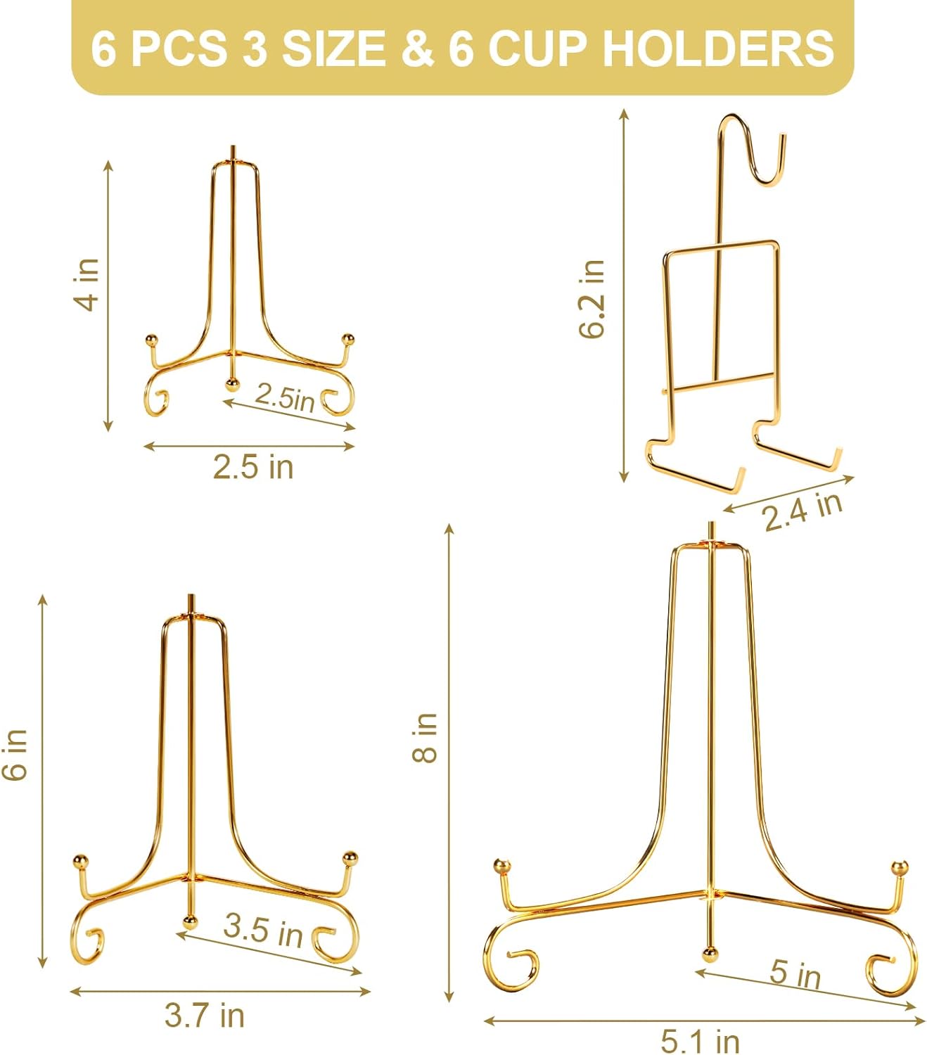 6 Pcs 3 Size Gold Plate Stands for Display, 4 6 8 Inch Plate Holder & 6 Cup and Saucer Display Stand for Displaying Picture Frames, Book, Card, Mug Organizer, Bowl, Decorative Plates, Tablet and Art