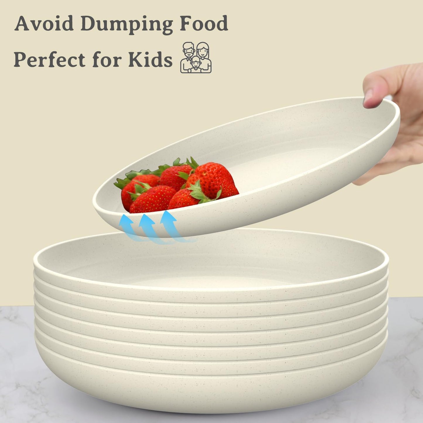 Wrova Large Wheat Straw Dinner Plates - 11 Inch Set of 8 - Unbreakable, Dishwasher & Microwave Safe - Deep Edge for Kitchen & Camping (Beige)