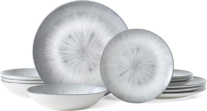 Bestone Porcelain Dinnerware Sets Service for 4, 12 pcs Hand drawn Plates and Bowls Sets, Handmade Ceramic Dish Set, Chip Resistant Modern Plate Set, Dishwasher/Microwave Safe，Gray