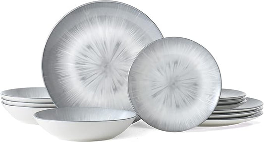 Bestone Porcelain Dinnerware Sets Service for 4, 12 pcs Hand drawn Plates and Bowls Sets, Handmade Ceramic Dish Set, Chip Resistant Modern Plate Set, Dishwasher/Microwave Safe，Gray
