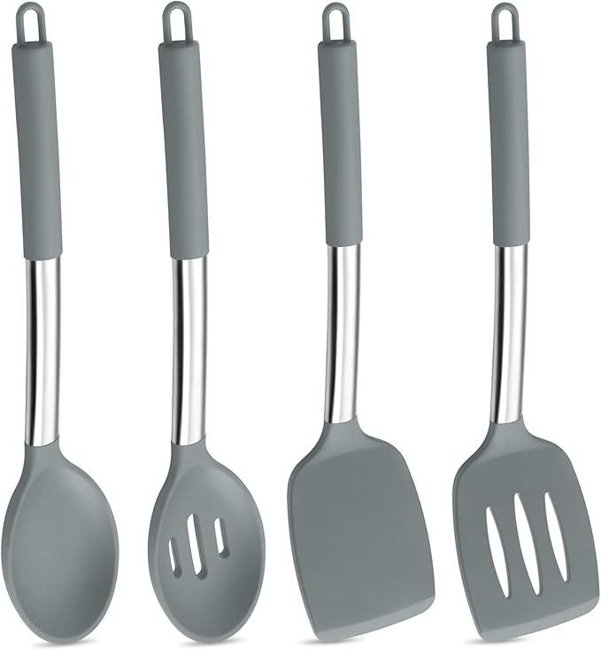 P&P CHEF Gray Kitchen Cooking Utensil Set of 4, Silicone Solid Spatulas Slotted Spoons Turners for Non-stick Cookware Flipping Mixing, Heat-proof