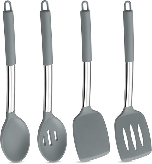 P&P CHEF Gray Kitchen Cooking Utensil Set of 4, Silicone Solid Spatulas Slotted Spoons Turners for Non-stick Cookware Flipping Mixing, Heat-proof