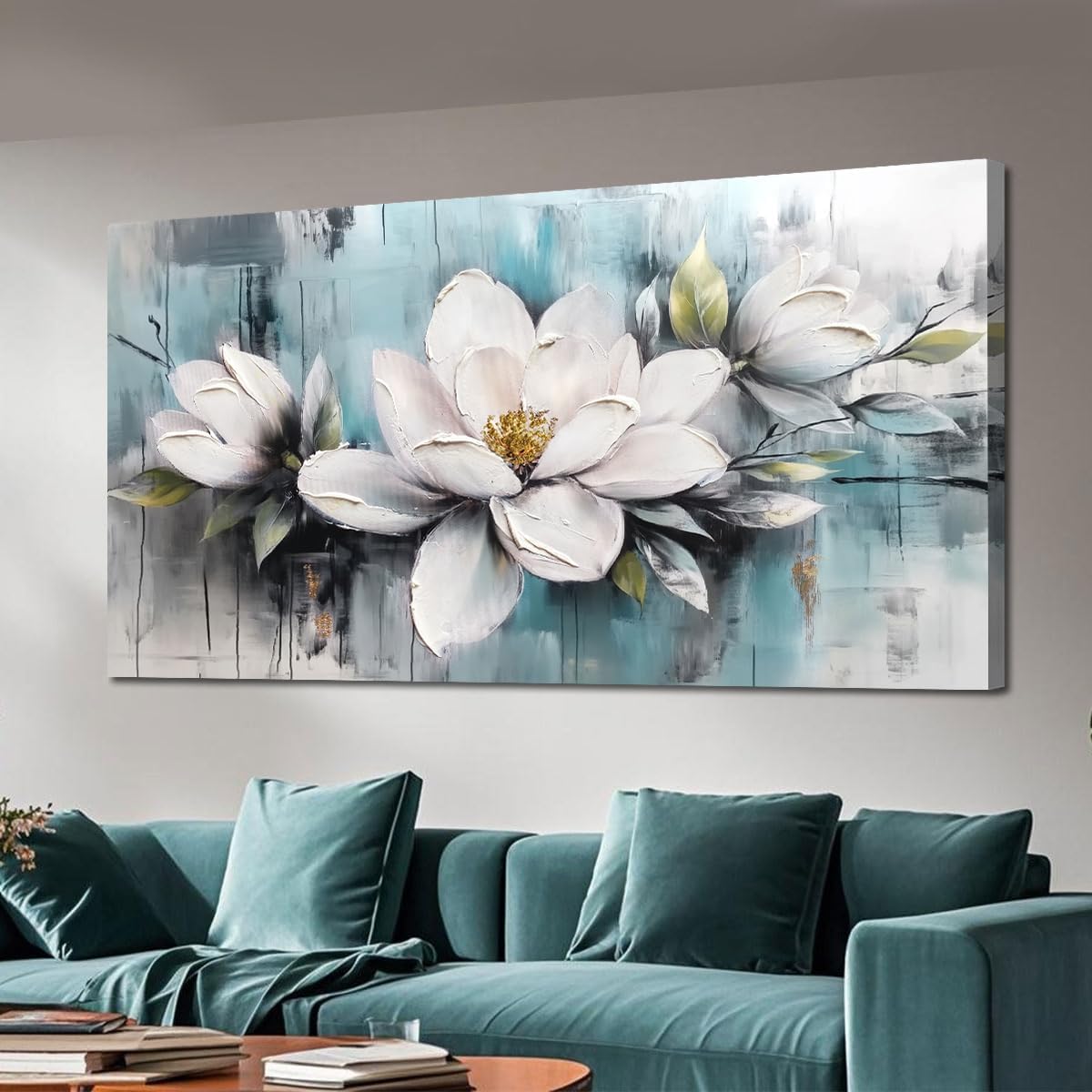 Ardemy Magnolia Wall Art for Living Room, Large White Floral Canvas Wall Art Bedroom Painting Pictures Wall Decor Teal Flower Artwork for Walls Home Office Dining Room, 48"x24"