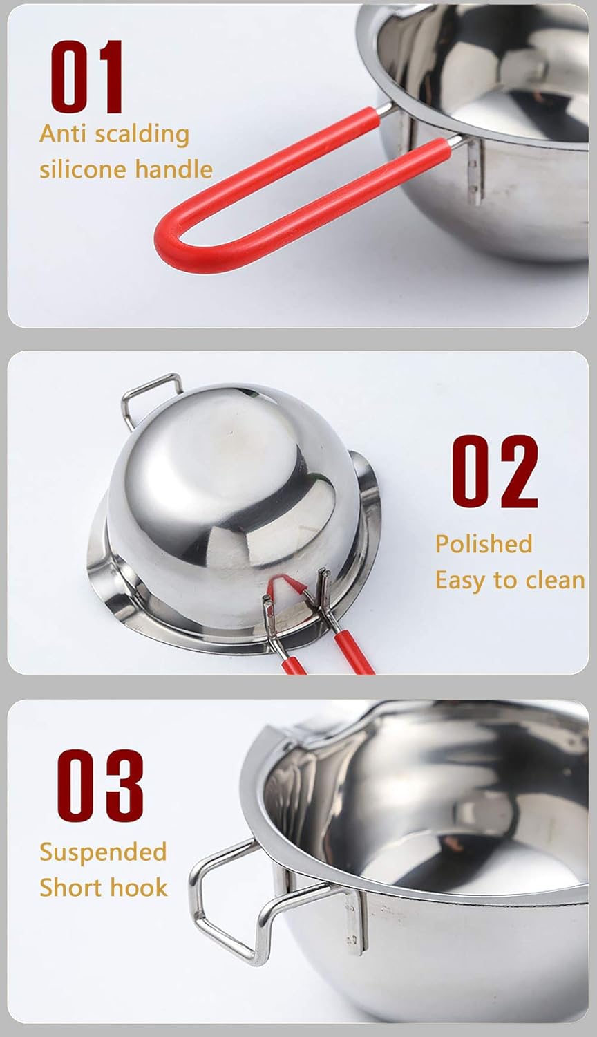 Stainless Steel Double Boiler Pot, 600ML Updated Melting Pot with Silicone Spatula for Melting Butter,Chocolate, Candy, Cheese and Caramel (Red)