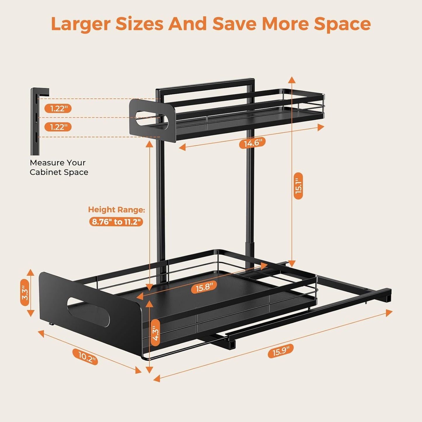 Delamu 2 Pack Metal Bathroom Organizers and Storage, 2 Tier Pull Out Under Sink Organizer for Kitchen Bathroom, Adjustable Under Sink Shelf for Multipurpose Cabinet Organizer, Black