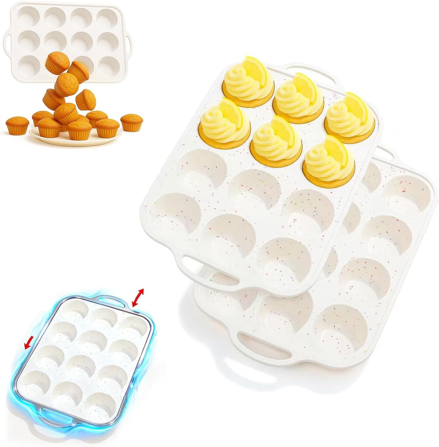Silicone Muffin Pans for Baking 2 Pack, 2.8 Inch with Metal Reinforced Frame, Regular Size Nonstick Silicone Cupcake Pan 12 Cups for Baking Homemade Muffins, Cupcakes, Dishwasher Safe BPA Free