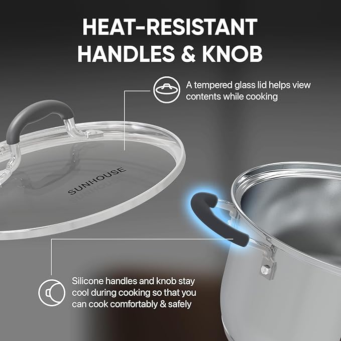 SUNHOUSE - 3.1 Quart Steamer Pots With Lid 2-Tier Multipurpose Stainless Steel Steaming Pot Cookware With Handle For Vegetable, Dumpling, Sauce, Food - Triple Bottom, Measurement Line