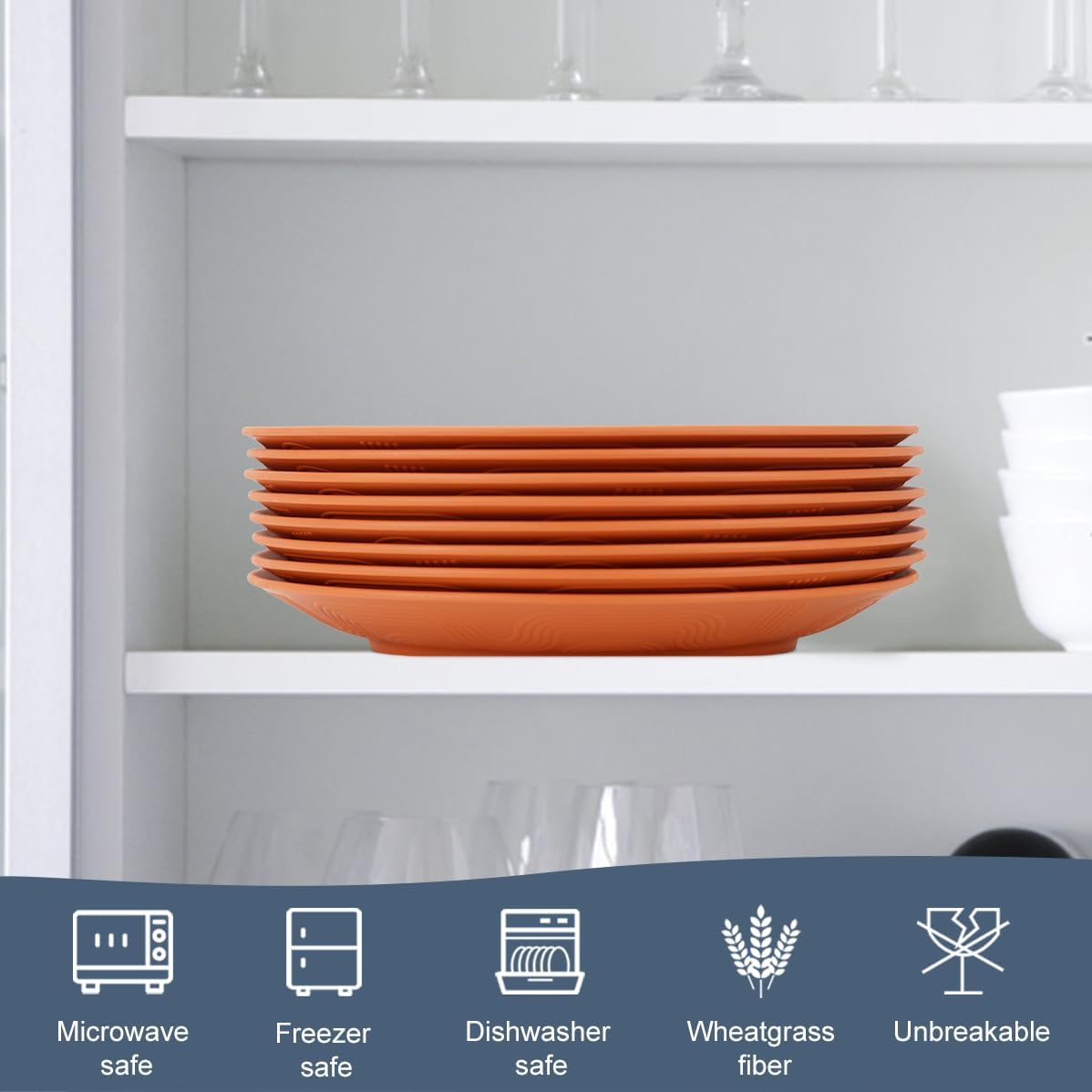 Homienly Flat Dinner Plate Set of 8 - Alternative for Plastic, Microwave and Dishwasher Safe, Wheat Straw Dinnerware for Kitchen, Unbreakable Kids (Orange, 9 Inch), MS 01