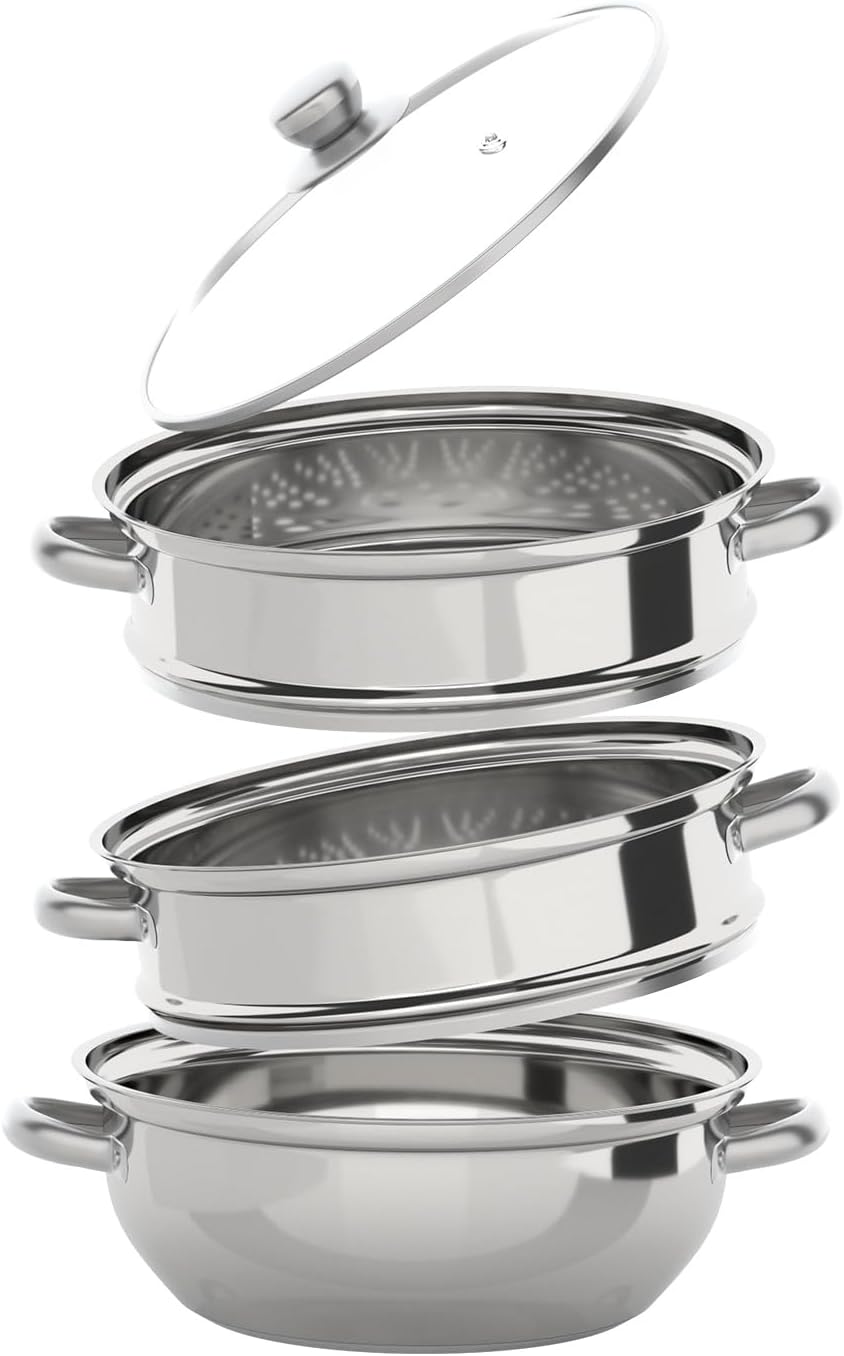 3-Tier Stainless Steel Steamer Pot 28cm Meat Vegetable Cooking Kitchen Steamer Cooker Multi-Layer Food Cookware with Handle for Gas Electric Stove Dumpling Stock Sauce