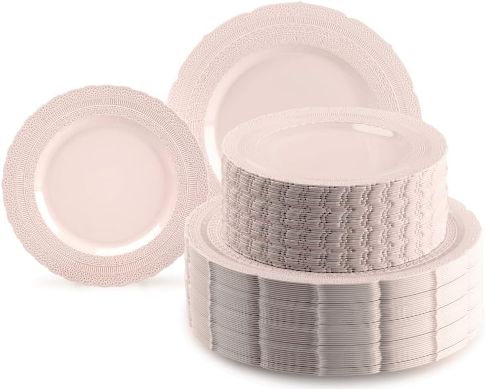 " OCCASIONS " 240 Plates Pack,(120 Guests) Extra Heavyweight Vintage Wedding Disposable/Reusable Plastic Plates 120x11'' Dinner+120 x 8.25'' Salad/Dessert Plate (Chateau Blush Pink)