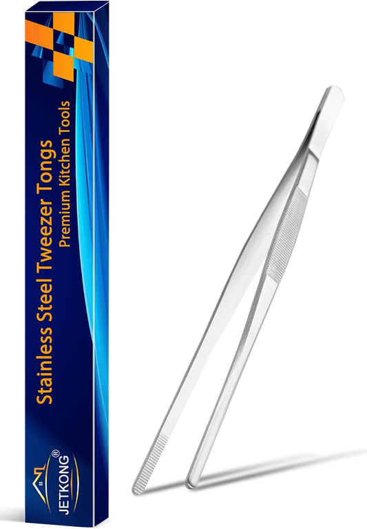 JETKONG 9 Inch Stainless Steel Kitchen Tweezers Multi-function Precision Serrated Tips Cooking Tweezers Chef Plating Tongs