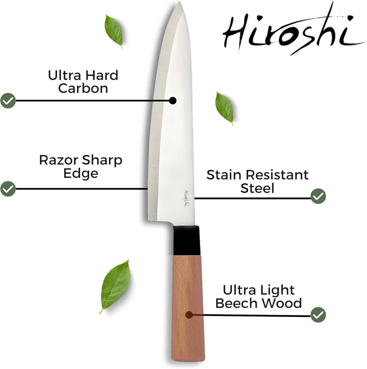 HIROSHI Sushi & Sashimi Knife Set – 4-Piece High Carbon Stainless Steel Japanese Chef Knives with Beech Wood Handle – Professional Kitchen Knife Set for Precision Cutting