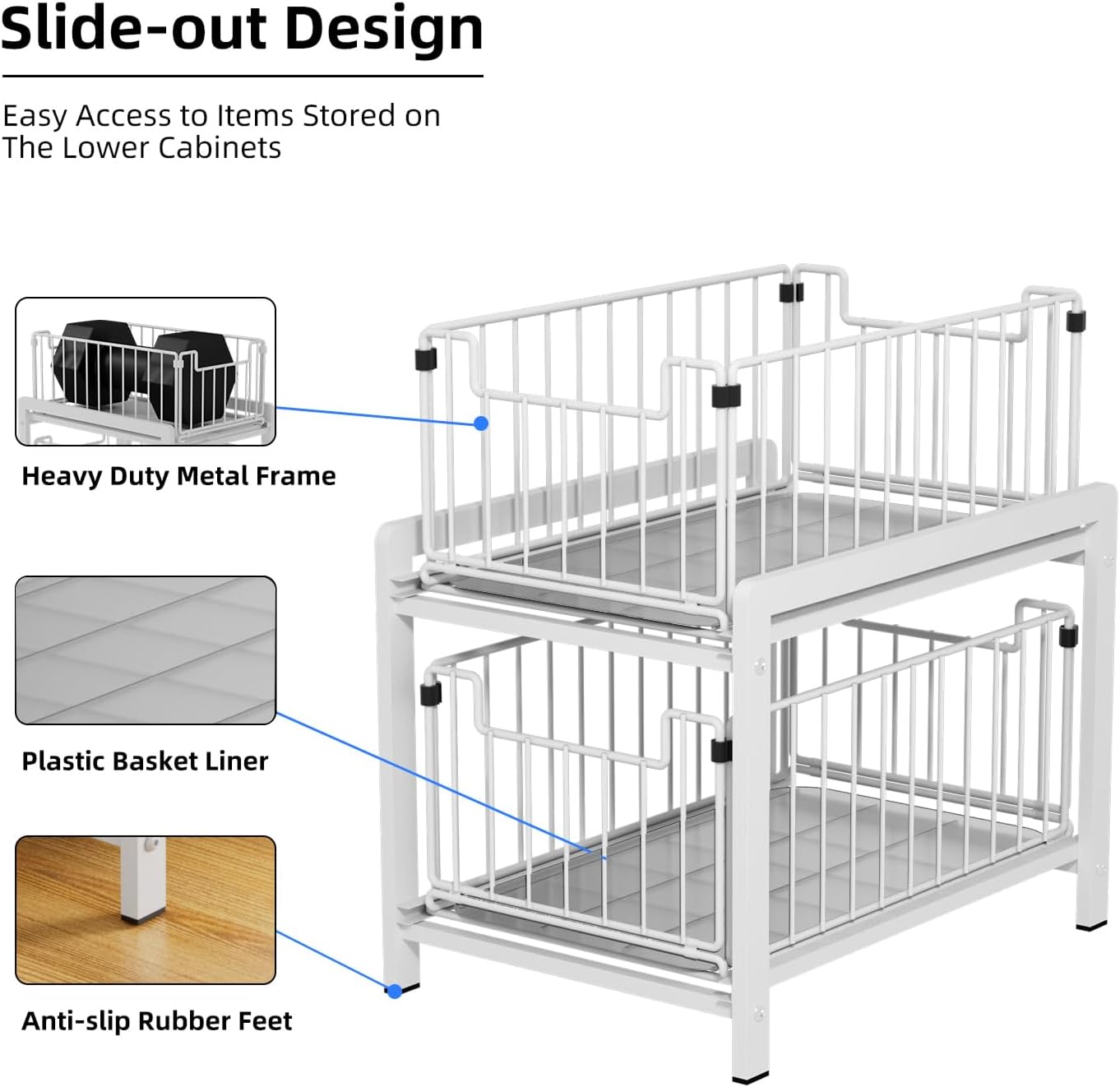 2 Tier Sliding Basket Drawer Organizer, Lxmons Pull Out Under Sink Cabinets Organizers, Metal Home Shelf for Bathroom or Kitchen, Sliding Countertop or Pantry Storage Shelf, Large White