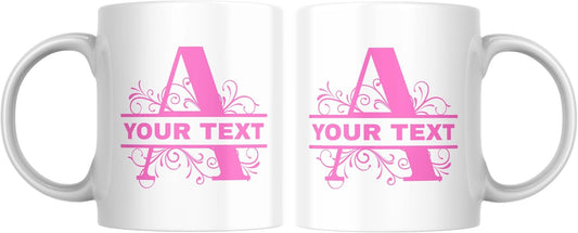 Customizable 11oz Coffee Mug - Sublimated Printed Mugs with Personalized Text, Names, and Initials. Perfect as Gifts for Men and Women for Birthdays (White Mug) (Monogram Pink)