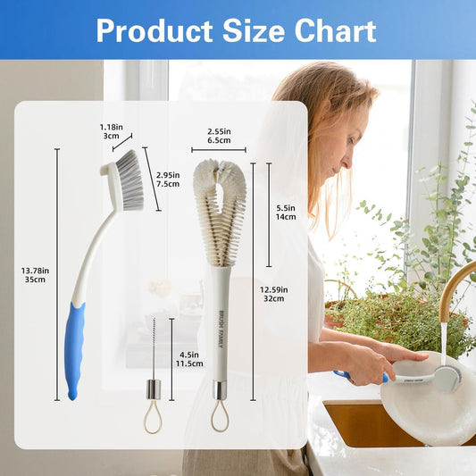 2 Pack Dish Brush Set with Dish Brush with Handle and 2-in-1 Water Bottle Brush with Removable Straw Brush for Bottles Cups, Dish Scrub Brush with Scraper Tip for Dishwashing Pans Pot Sink