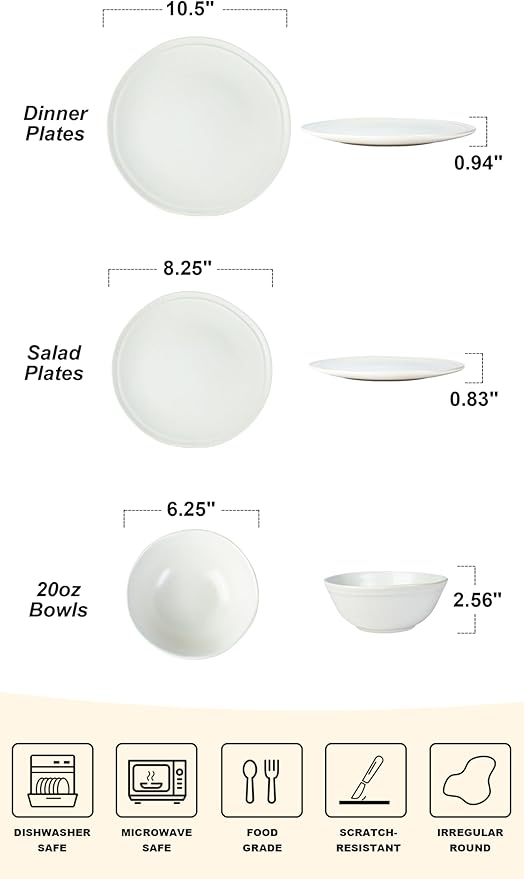 Famiware Aegean Dinnerware Set for 4, Plates and Bowls Sets, 12-Piece Stoneware Scratch Resistant Dinner Set, Handmade Irregular Round Dishes, Microwave and Dishwasher Safe, Matte White