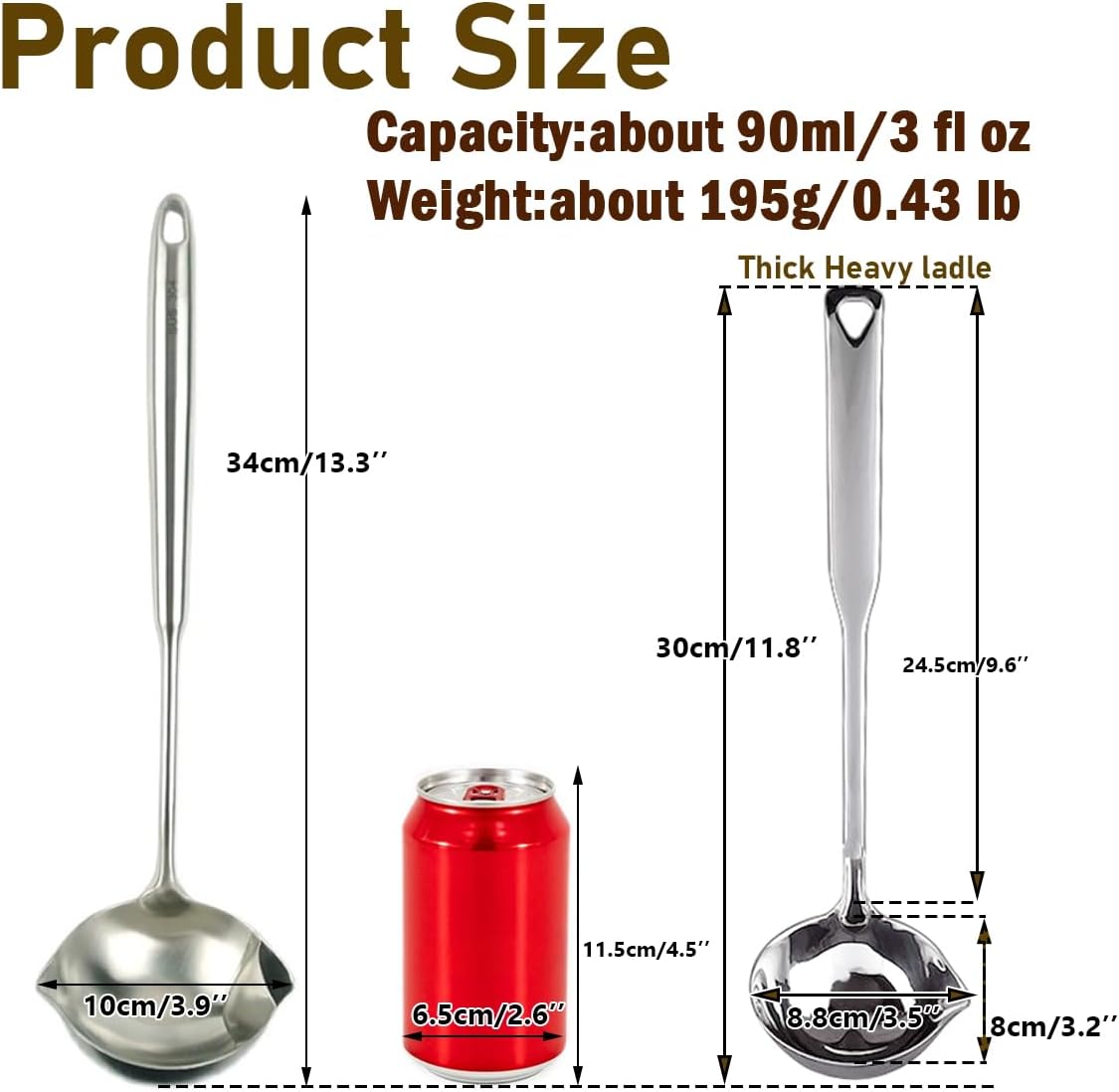 Soup Ladle,SUS 304 Stainless Steel Heavy Duty Ladle with Pour Spout,Kitchen Cooking Serving for Soups,Gravy,Canning,Stews,Heavy,Dishwasher safe 11.8 inch (1Pack)