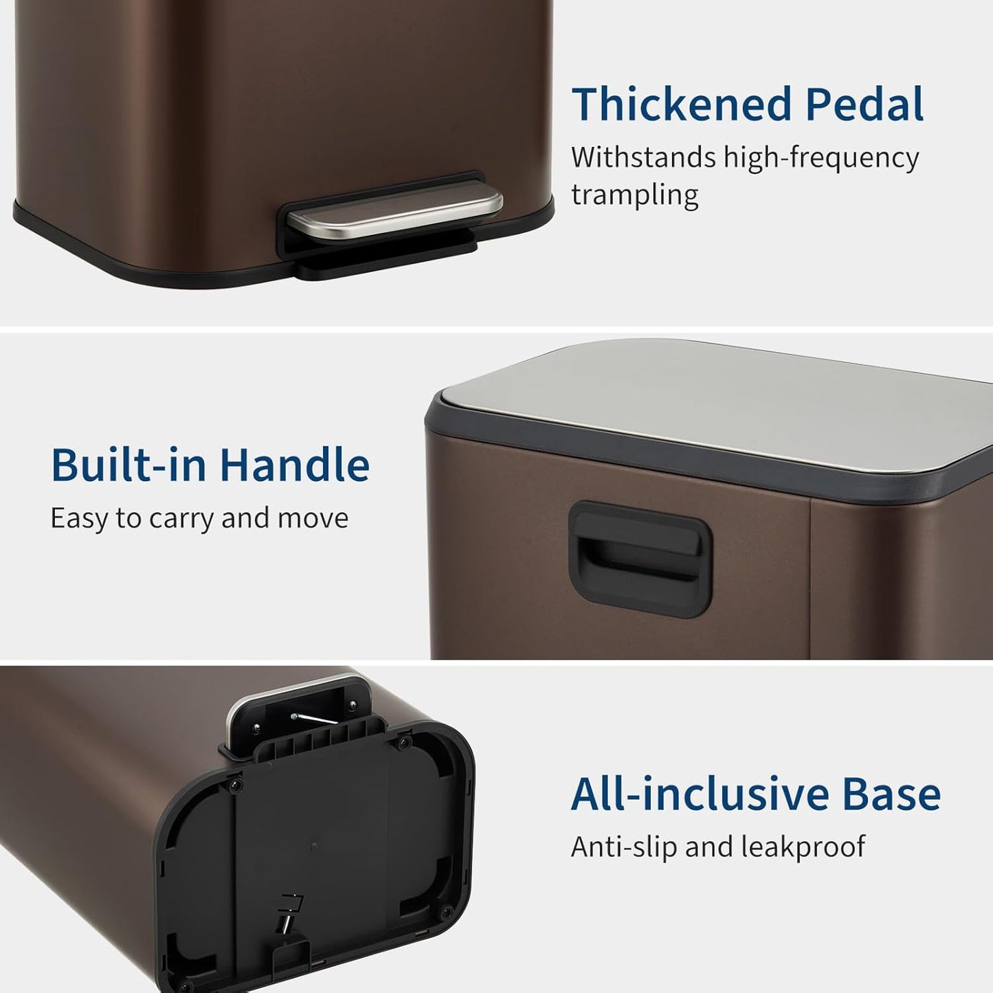 8 Gallon Trash Can for Kitchen, Stainless Steel Garbage Can with Soft-Close Lid, Rectangular Trash Can with Step-On Pedal and Inner Bucket for Home Office Bathroom Living Room, Brown