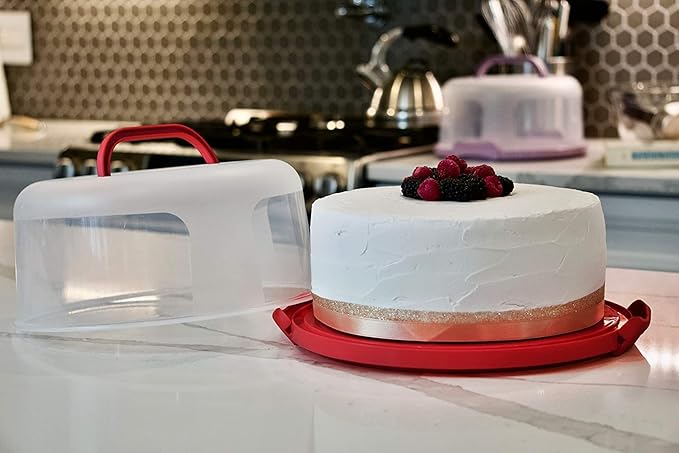 Top Shelf Elements Round Cake Carrier For Up To 10 Inch Cake Portable Cake Stands Two Sided Cake Box With Handle Fashionable Base Doubles as Five Section Serving Tray Container Holds Pies(Scarlet)