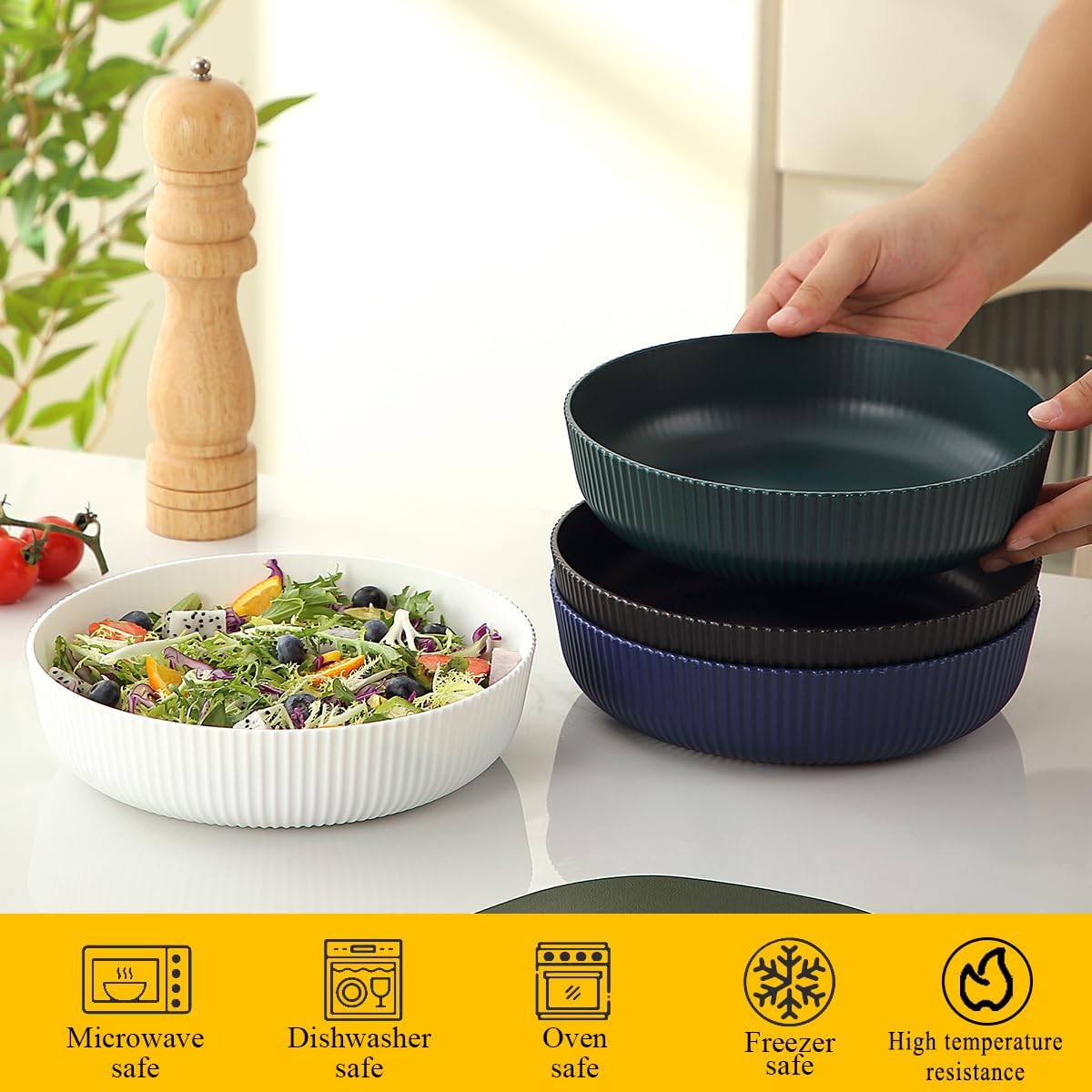 Berglander Pasta Bowls Set of 4, Salad Bowls 37oz Unbreakable Large Plastic Soup/Salad/Fruit/Serving Bowls for Home, Restaurant, Outdoor, Picnic, Camping, Serving Dishes