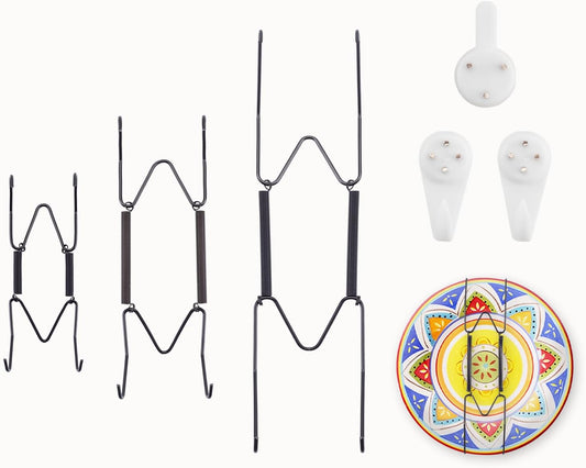 3 Pack 4/6/8 Inch Decorative Plate Medium Plate Hangers for The Wall, Invisible Stainless Steel Plate Hangers for Display with Wall Hooks, for Platter/Dish/Picture（Black）