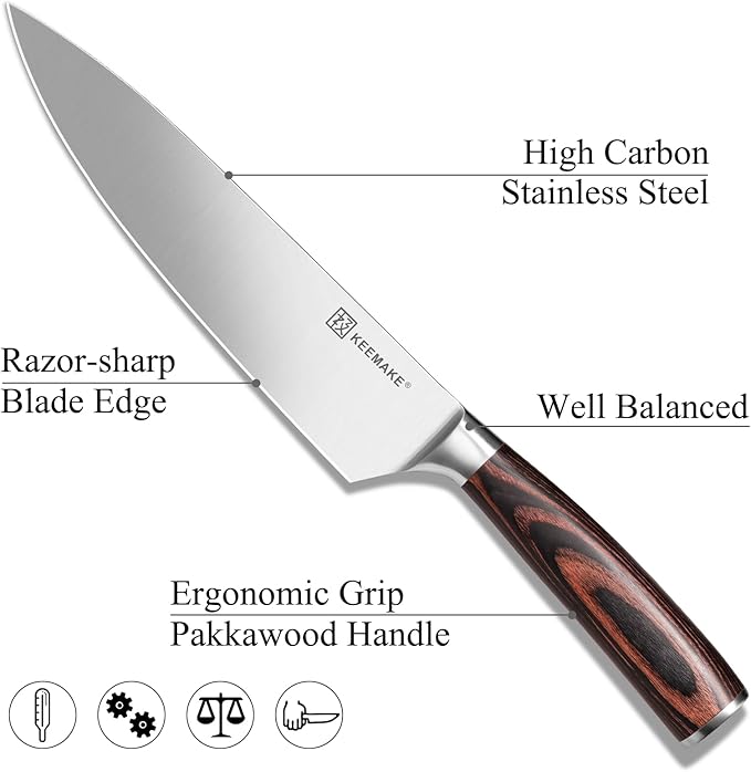 KEEMAKE Chef Knife 8 inch - Sharp Kitchen Knife High Carbon Stainless Steel Blade, Gyuto Knife Ergonomic Wood Handle, Professional Chef’s Knife for Home Kitchen and restaurant