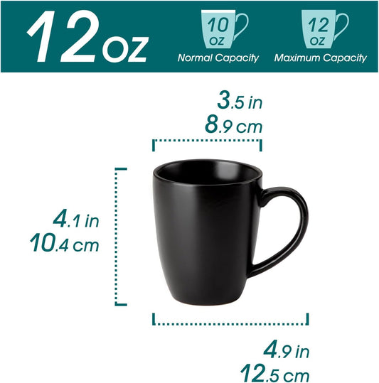 vancasso PLAYA Ceramic Coffee Mug Set of 6, 12 Oz Tea Cups with Handle for Latte, Tea, Cappuccino, Milk, Cocoa, Microwave&Dishwasher Safe, Black