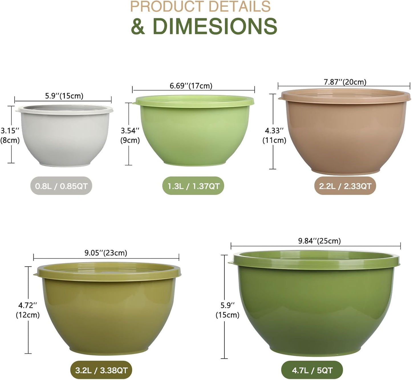 5-Piece Plastic Mixing Bowls with Lids Set for Kitchen, Nesting Bowls for Mixing, Baking, Prepping, Cooking and Serving Food, Mixing Bowls Dishwasher, Microwave Safe (5 Set-Green)