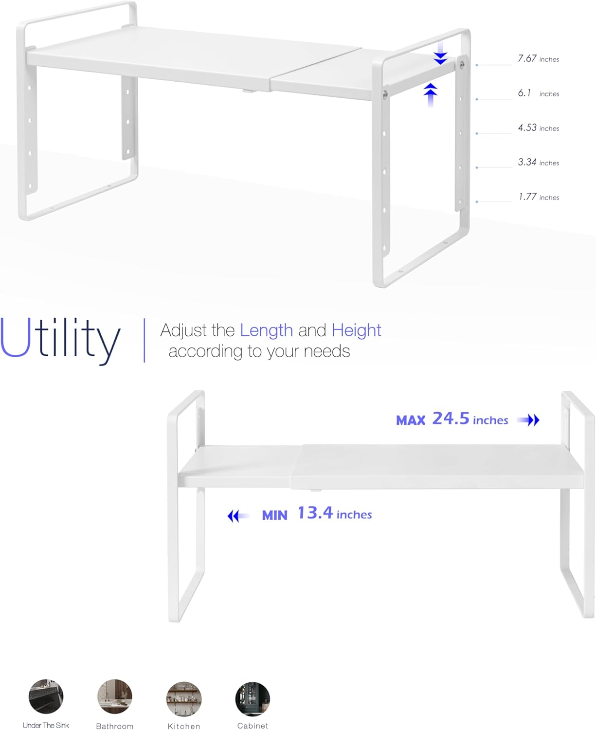 Nxconsu Cabinet Shelf Organizer Expandable 5 Heights Adjustable Stackable Rack Riser for Kitchen Pantry Cupboard Under Sink Organization Storage Space Saver Heavy Duty Metal White