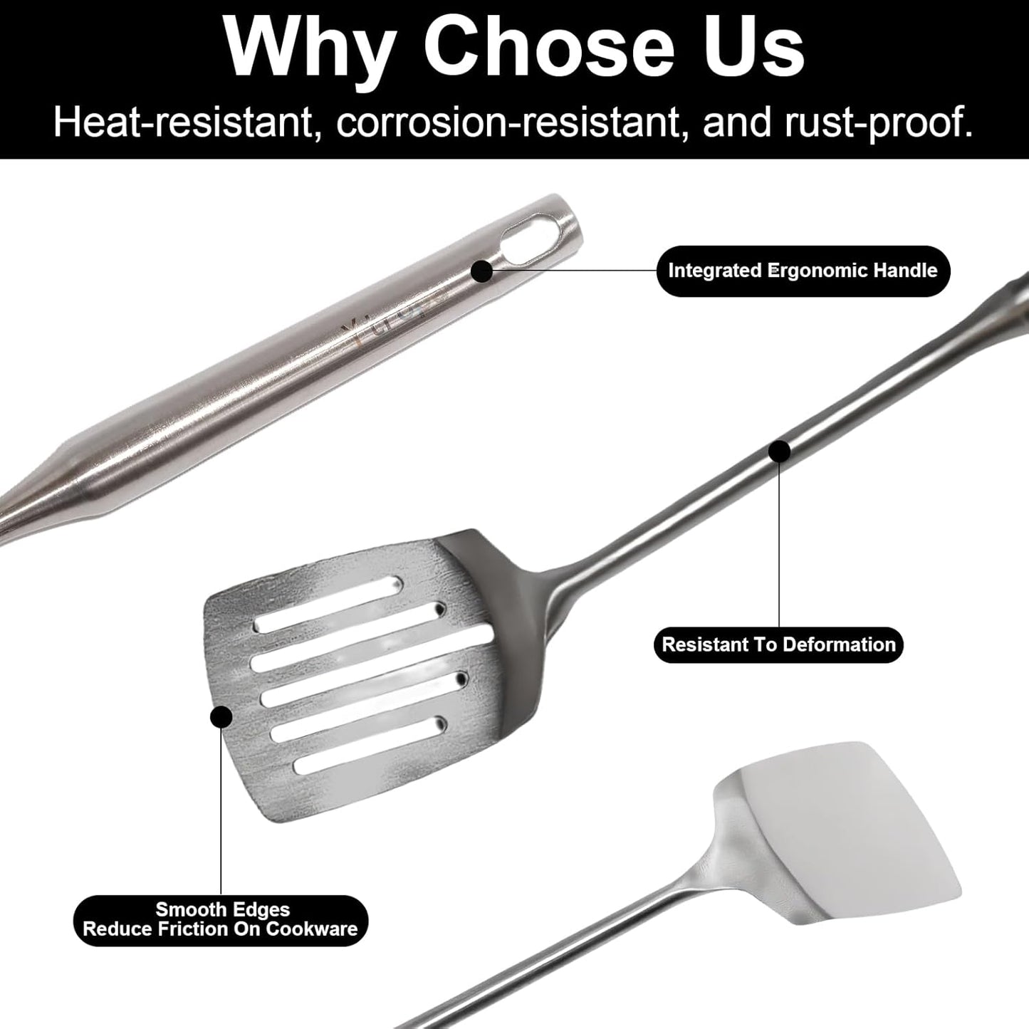 2 Pcs stainless steel spatula set,Heat Resistant metal spatula for cooking, kitchen utensils set Include Solid & Slotted Turner,Ergonomic Handle, Easy to Clean