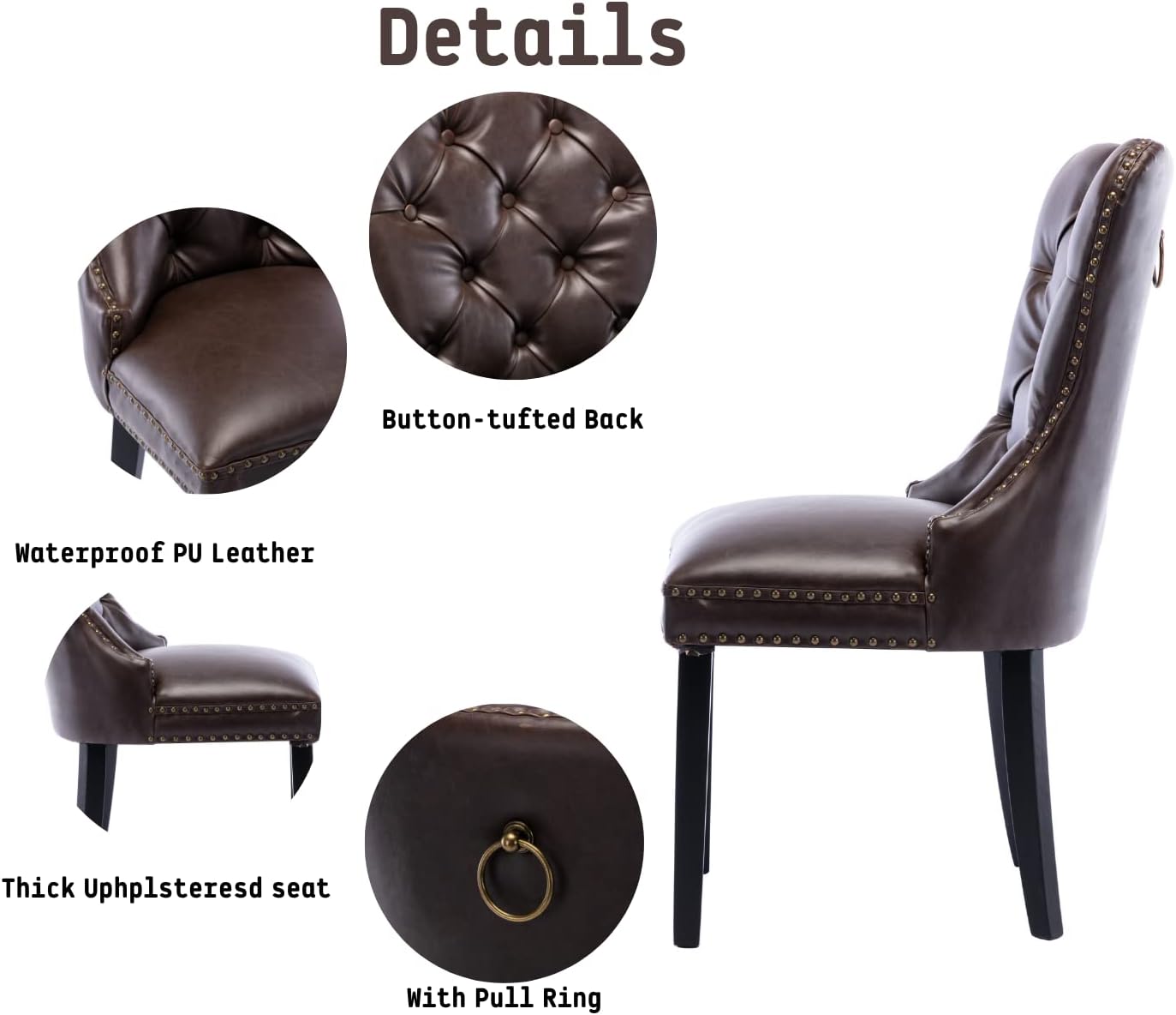 PU Leather Dining Chairs Set of 2 Mid Century Modern Tufted Chairs Armless Rubber Wood Vintage Chairs Upholstered Nailhead Side Chair for Kitchen/Cafe Decor Furniture, Coffee with Pull Ring