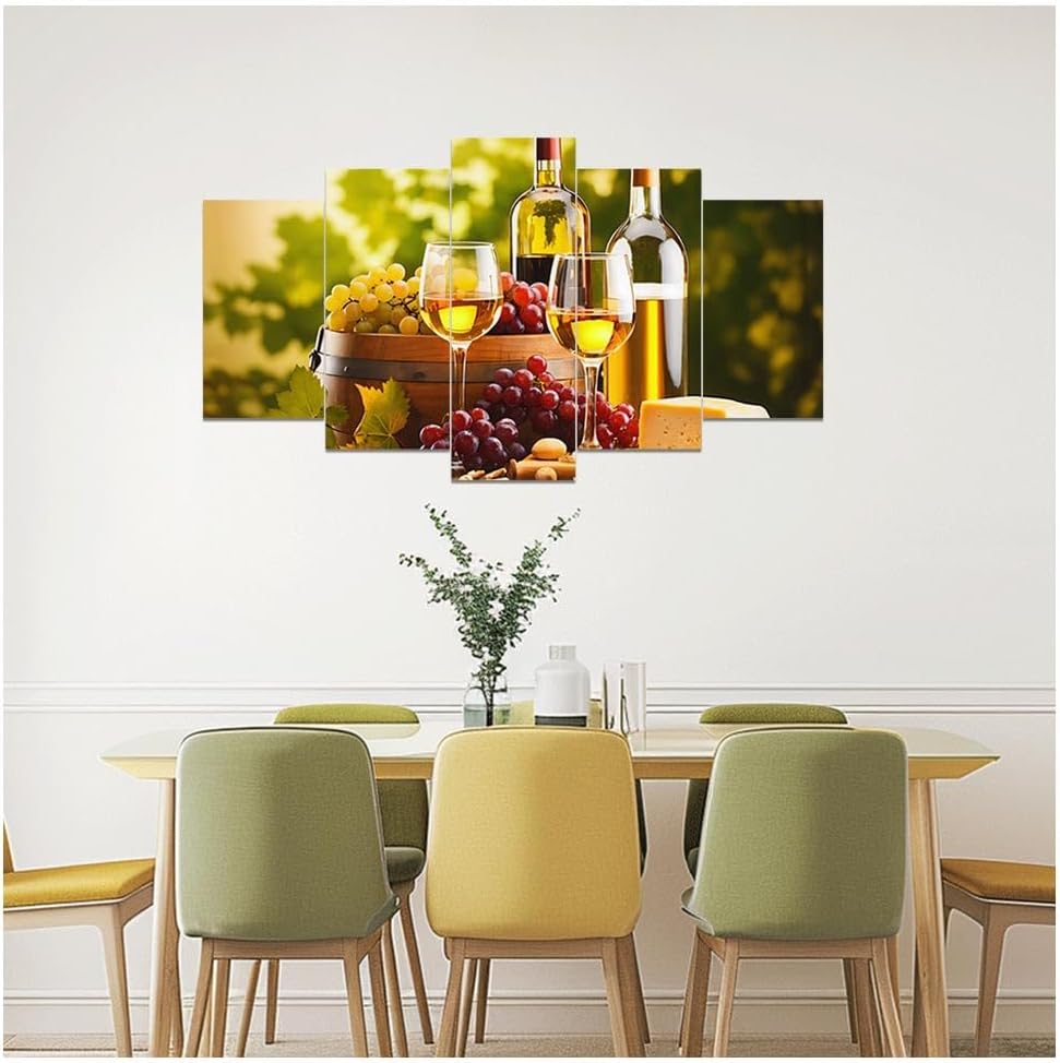 DOARTDO 5 Pieces Kitchen Wall Art Wine and Fruit Grape Pictures Food Canvas Prints Red Wine Cups Painting Large Kitchen Dining Room Bar Cellar Decor Framed (Yellow, (12x20inx2 12x30inx2 12x40inx1))