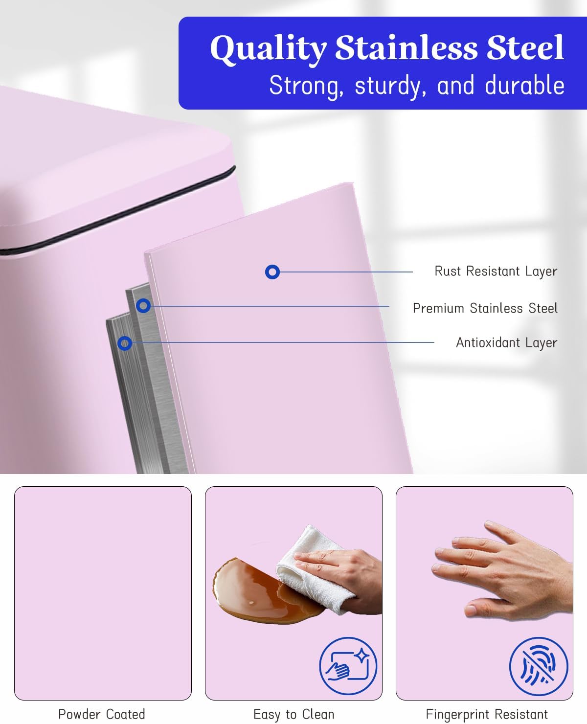 Bathroom Trash Can with Lid, 16.7L/ 4.4 Gallon Trash Can with Removable Inner Bucket, Soft Close lid, Stainless Steel Step Pedal Garbage Can for Bathroom, Kitchen, Home Office, Pink