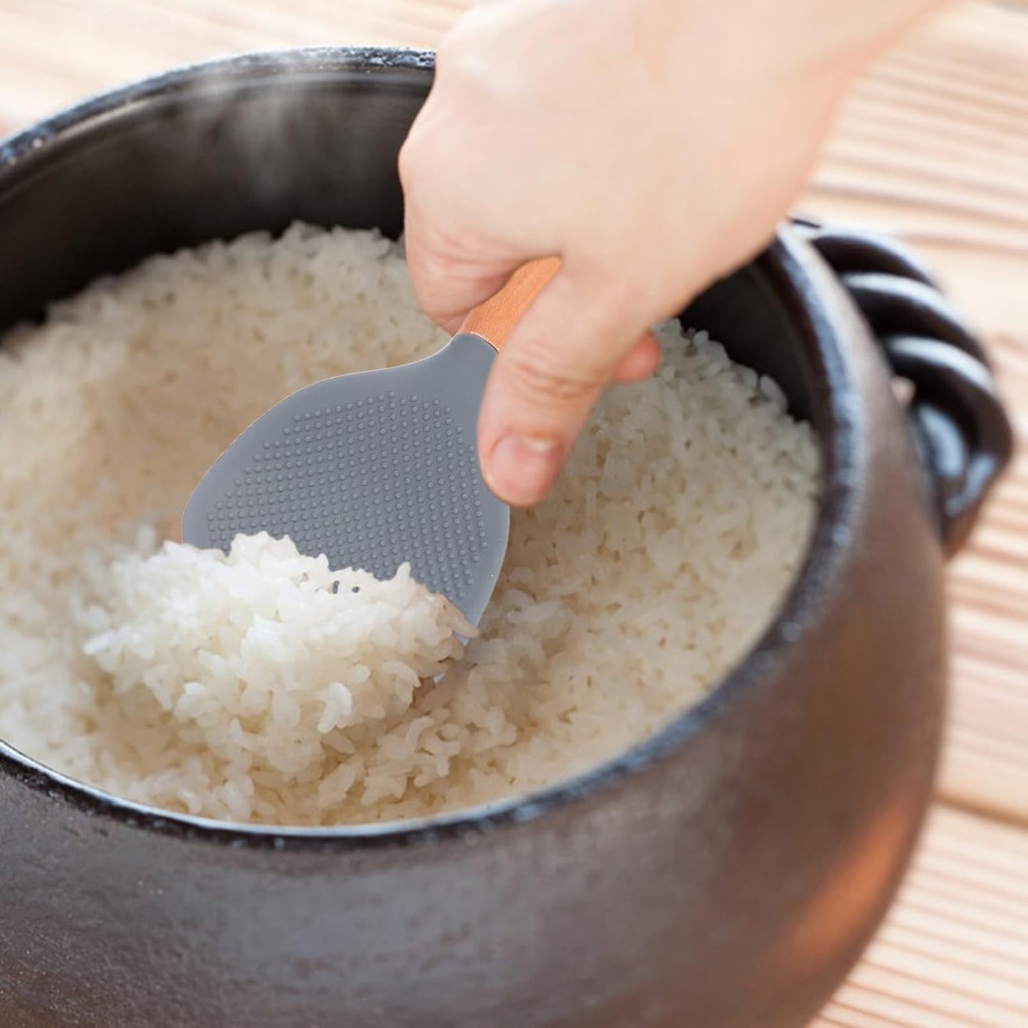 Silicone Wooden Rice Paddle Kitchen Utensils Cooking Ladle Handle (Grey)