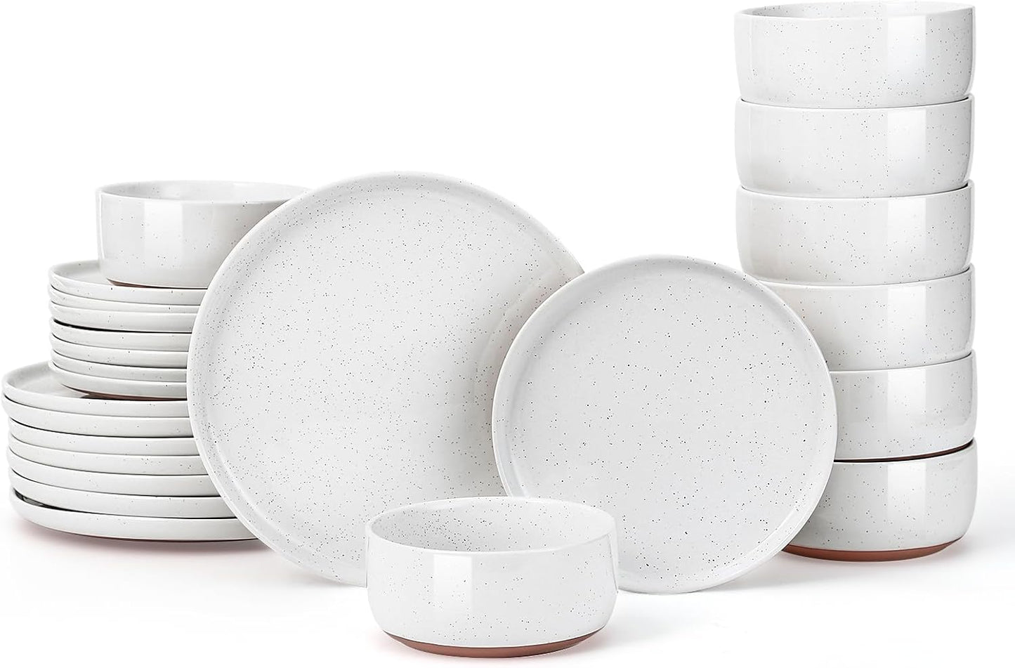 GZG Modern Art Series - 24 Pcs Speckled Stoneware Plates and Bowls Sets, Ceramic Dinnerware Set with Rustic Terracotta Underside, Microwave and Dishwasher Safe Handcrafted Dishes Set - Porcelain White