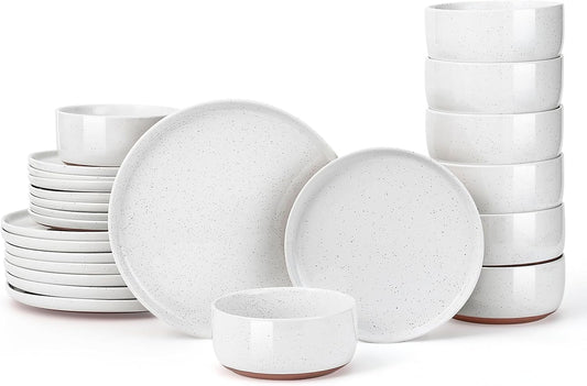 GZG Modern Art Series - 24 Pcs Speckled Stoneware Plates and Bowls Sets, Ceramic Dinnerware Set with Rustic Terracotta Underside, Microwave and Dishwasher Safe Handcrafted Dishes Set - Porcelain White