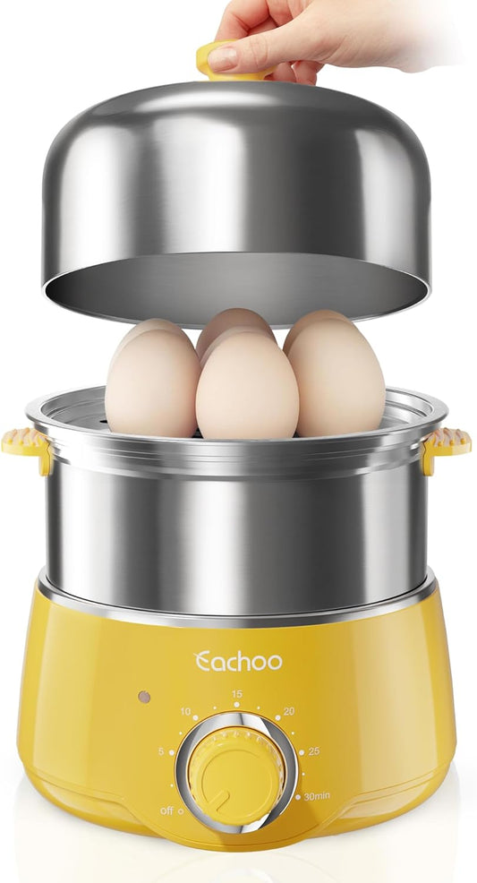 Hard Boiled Egg Cooker - CACHOO 14-Egg Rapid Stainless Steel Egg Boiler with 30-Min Timer & Auto Shut Off, Compact Electric Vegetable Steamer for Cooking, Dishwasher Safe, Retro Yellow