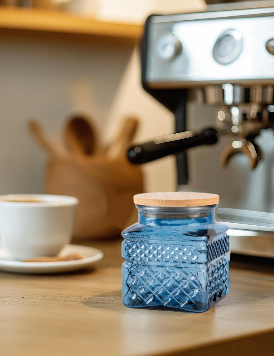 Glass Storage Canister with Airtight Lids, 20.3 oz Candy Jar Cute Jar for Ground Coffee, Tea Bag, Snacks Vintage Decorative Glass Jars for Coffee Bar Kitchen Counter Table