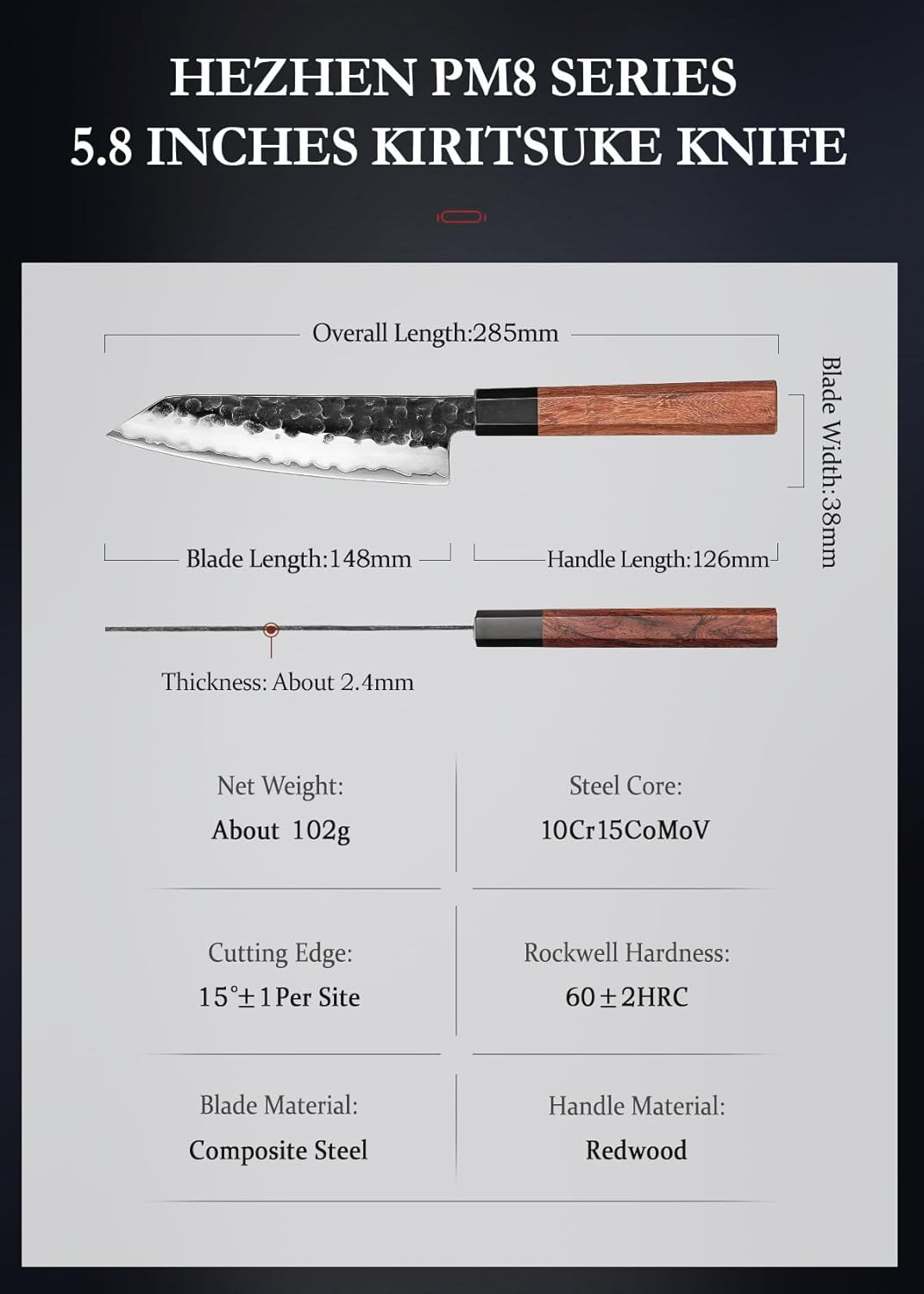 HEZHEN Kiritsuke Knife, 5.8 Inches Small Chef Knife, 3 Layers High Carbon Clad Steel, Composite Forging Steel Paring Knife, Redwood Octagonal Handle