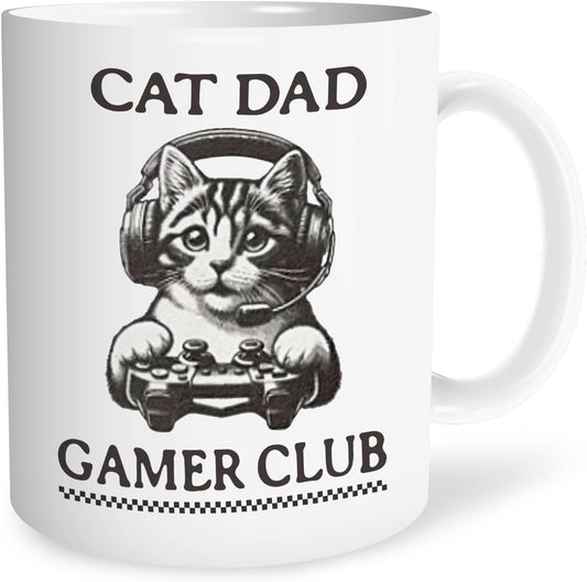 Funny Cat Dad Gamer Club Mug, Cute Kitten Ceramic Coffee Cup, Cats Dad Gift, Cats Lover Gifts for Men, Gifts for Video Game Lovers Men, Funny Gaming Cat Coffee Tea Mugs 11 oz