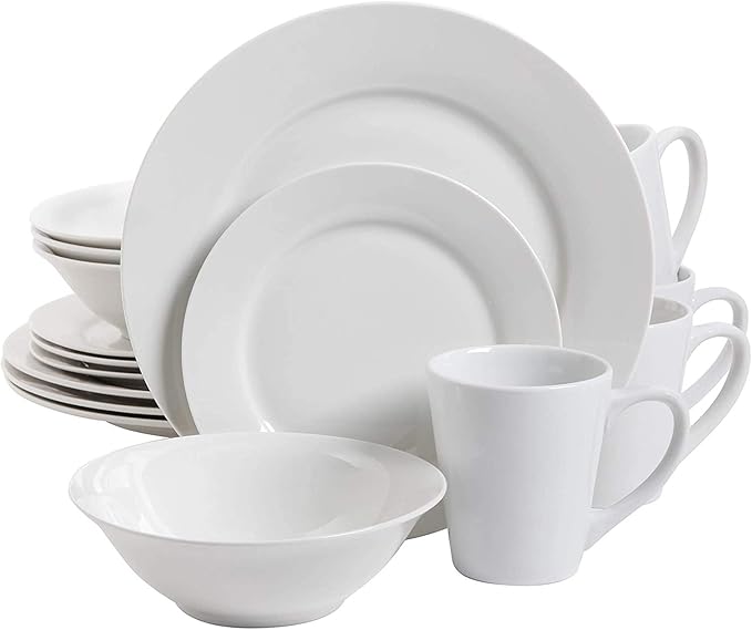 Gibson Home 102563.16RM Classic Porcelain Zen Buffet 16 Piece Round Dinnerware Set with Multi Sized Plates, Bowls, and Mugs, White (2 Pack)