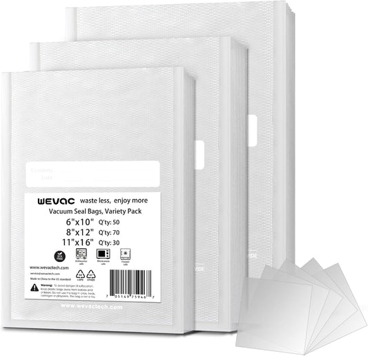 Wevac 6" x 10", 8" x 12" and 11" x 16", 150 Count, Vacuum Sealer Bags for Food Saver, Seal a Meal, Weston, Commercial Grade, BPA Free, Heavy Duty, Great for Vac Storage, Meal Prep and Sous Vide
