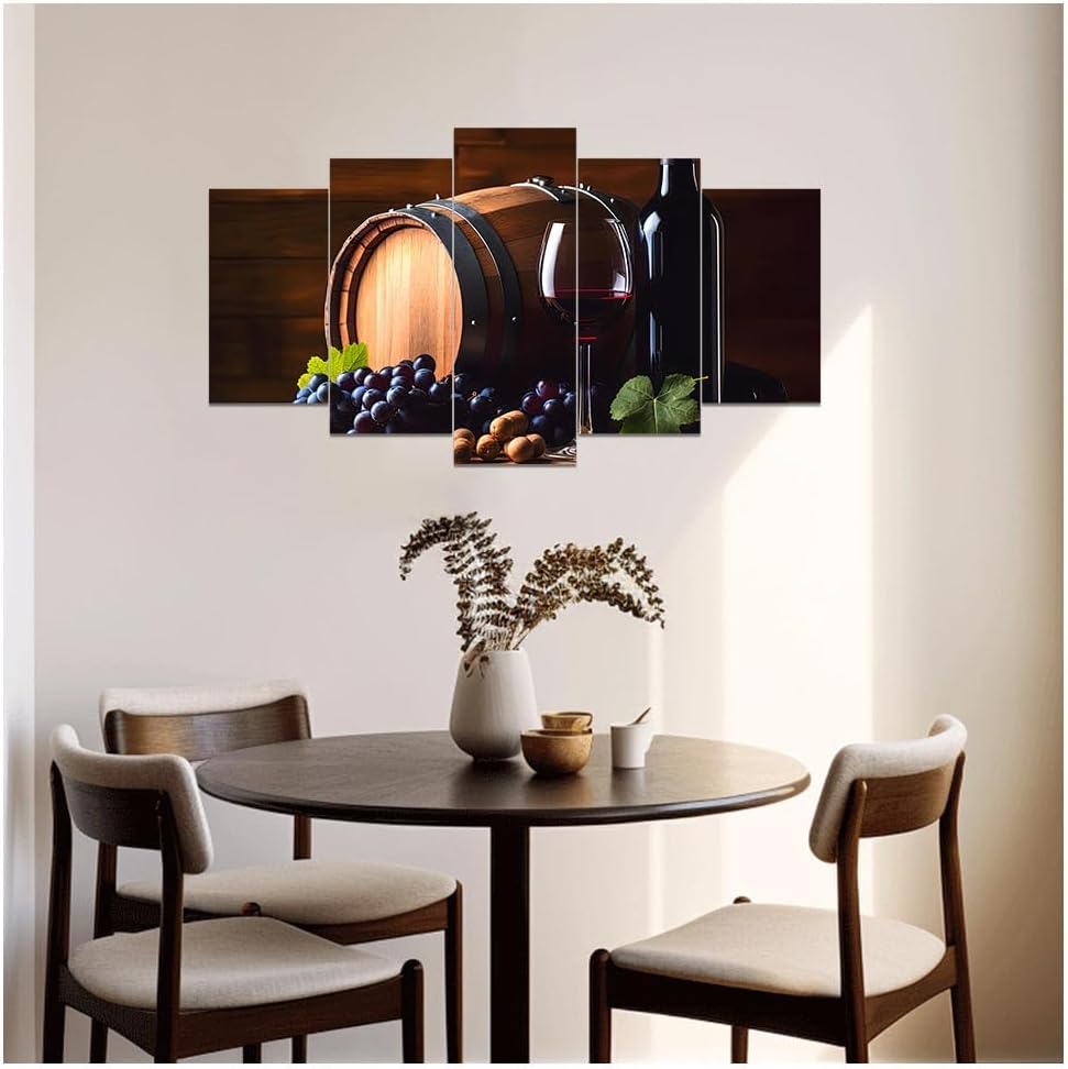 DOARTDO 5 Pieces Kitchen Wall Art Wine and Fruit Grape Pictures Food Canvas Prints Red Wine Cups Painting Large Kitchen Dining Room Bar Cellar Decor Framed (Black, (8x14inx2 8x18inx2 8x22inx1))