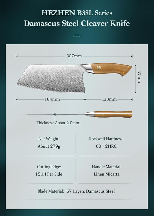 HEZHEN Damascus Meat Cleaver Knife, 7.5 Inches, 67 Layers Damascus Steel Vegetable Cleaver, Professional Butcher Knife for Meat Cutting, Ultra-sharp Blade with Linen Micarta Handle, Gift Packing