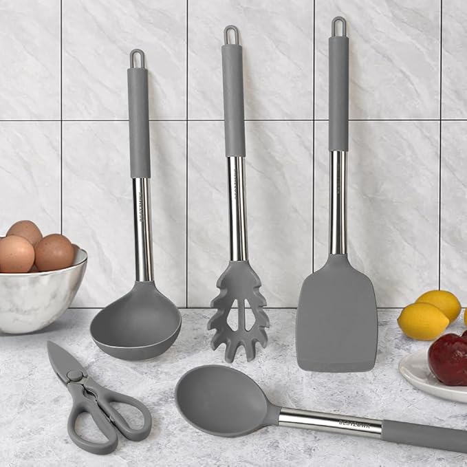 Kitchen Utensils Set-Silicone Cooking Utensils-32pcs Non-Stick Silicone Cooking Kitchen Utensils Spatula Set with Holder-Best Kitchen Cookware with Stainless Steel Handle (Grey)