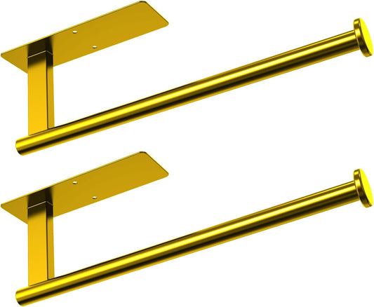 Paper Towel Holder Under Cabinet, Gold Adhesive Paper Towel Holder Wall Mount for Kitchen, Bathroom, RV, Bend-Resistant, Self-Adhesive or Drill mounting, Stainless Steel, 2 Pack