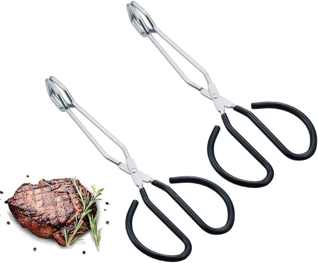 Scissor Tongs, 10-Inch Heavy Duty Stainless Steel Cooking Tongs With Plastic Silicone Kitchen Food Baking Bread Clamp BBQ Grilling Wire Tongs, Black Set of 2