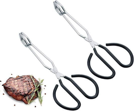 Scissor Tongs, 10-Inch Heavy Duty Stainless Steel Cooking Tongs With Plastic Silicone Kitchen Food Baking Bread Clamp BBQ Grilling Wire Tongs, Black Set of 2