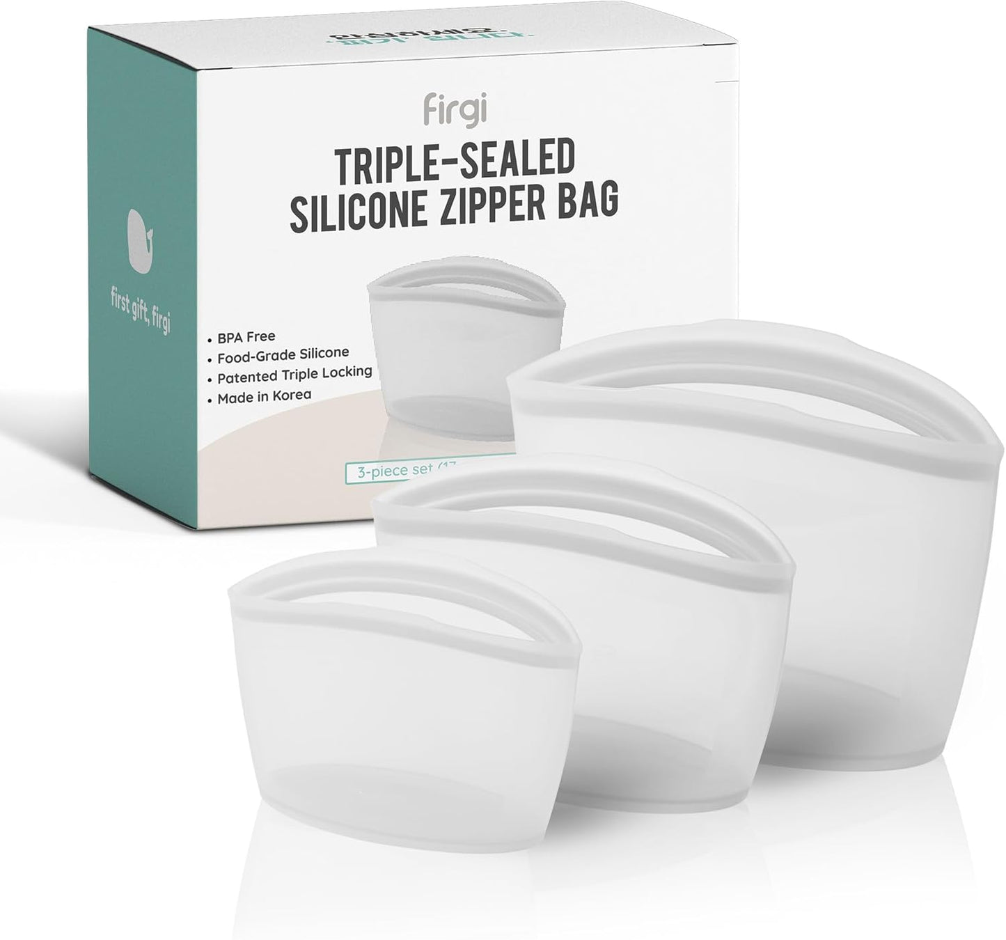 Premium Platinum Silicone Reusable Food Storage Bags 3-Pack (17 fl oz + 29 fl oz + 51 fl oz), Airtight Zip Lock Bags for Food, BPA-Free Silicone Freezer Bags, Microwave Safe, White