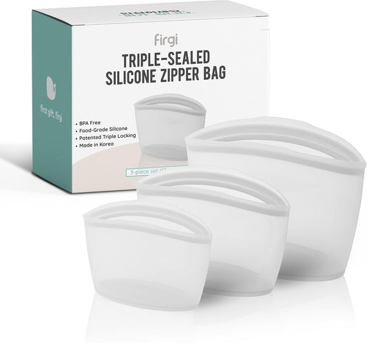 Premium Platinum Silicone Reusable Food Storage Bags 3-Pack (17 fl oz + 29 fl oz + 51 fl oz), Airtight Zip Lock Bags for Food, BPA-Free Silicone Freezer Bags, Microwave Safe, White